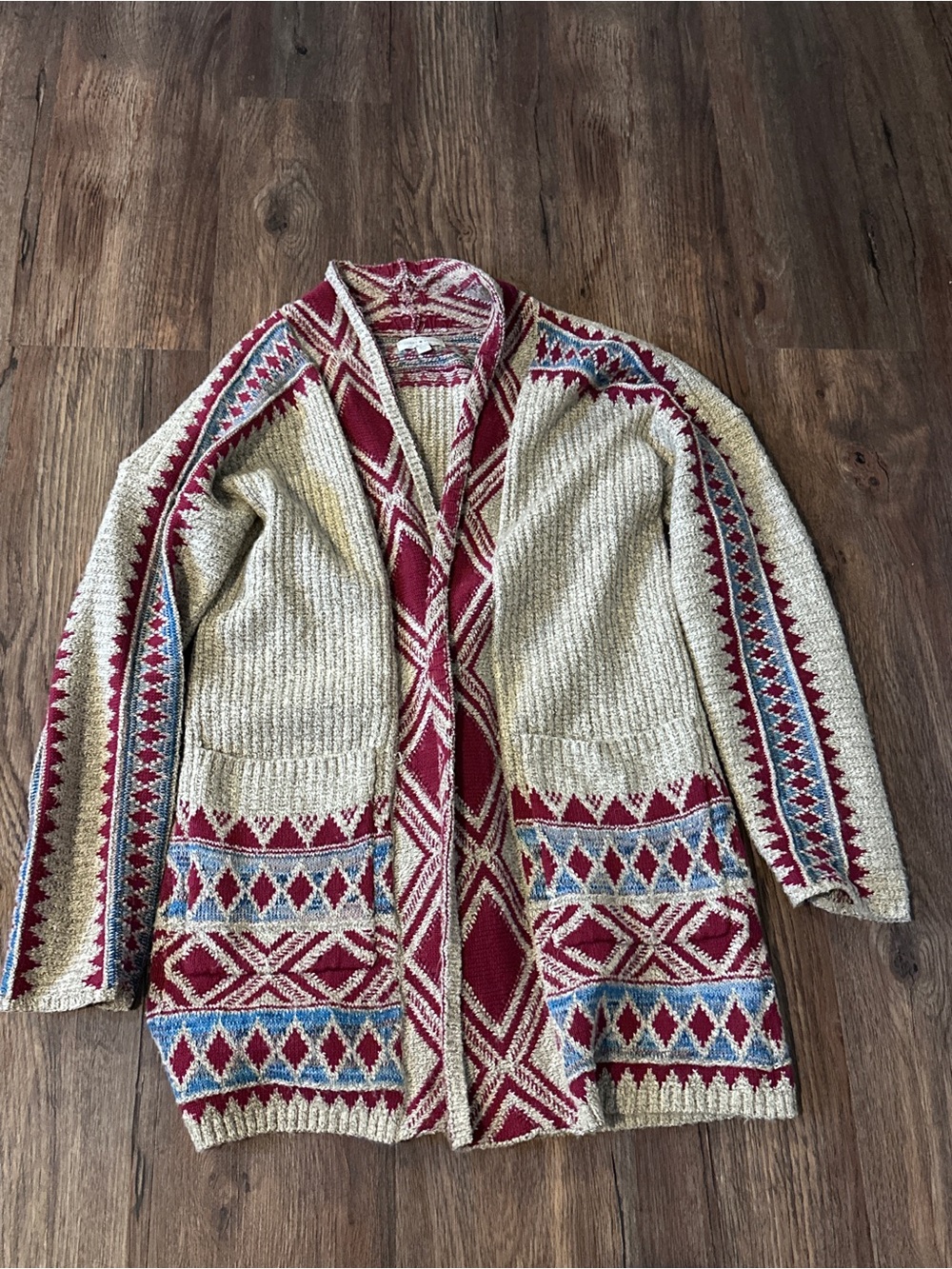Lucky Brand Beige Cardigan with Red and Blue Geometric Pattern